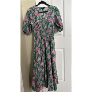 Meadow Rhodes 100% Cotton Pink Green Floral Long Dress Medium